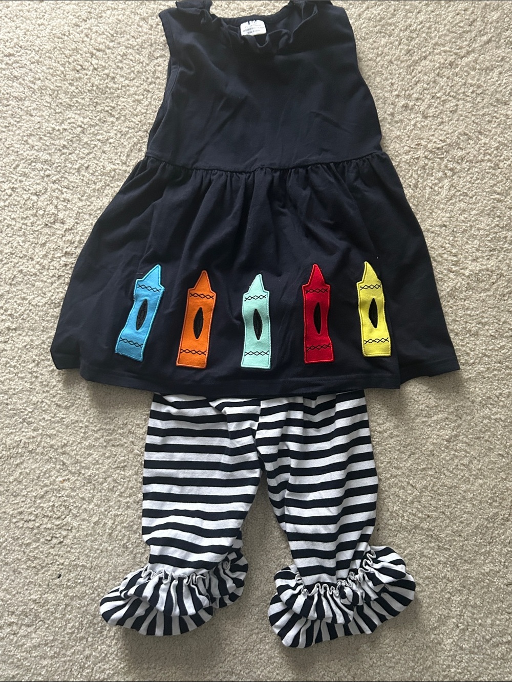 Girls Black Crayon Applique Tunic & Striped Leggings Set